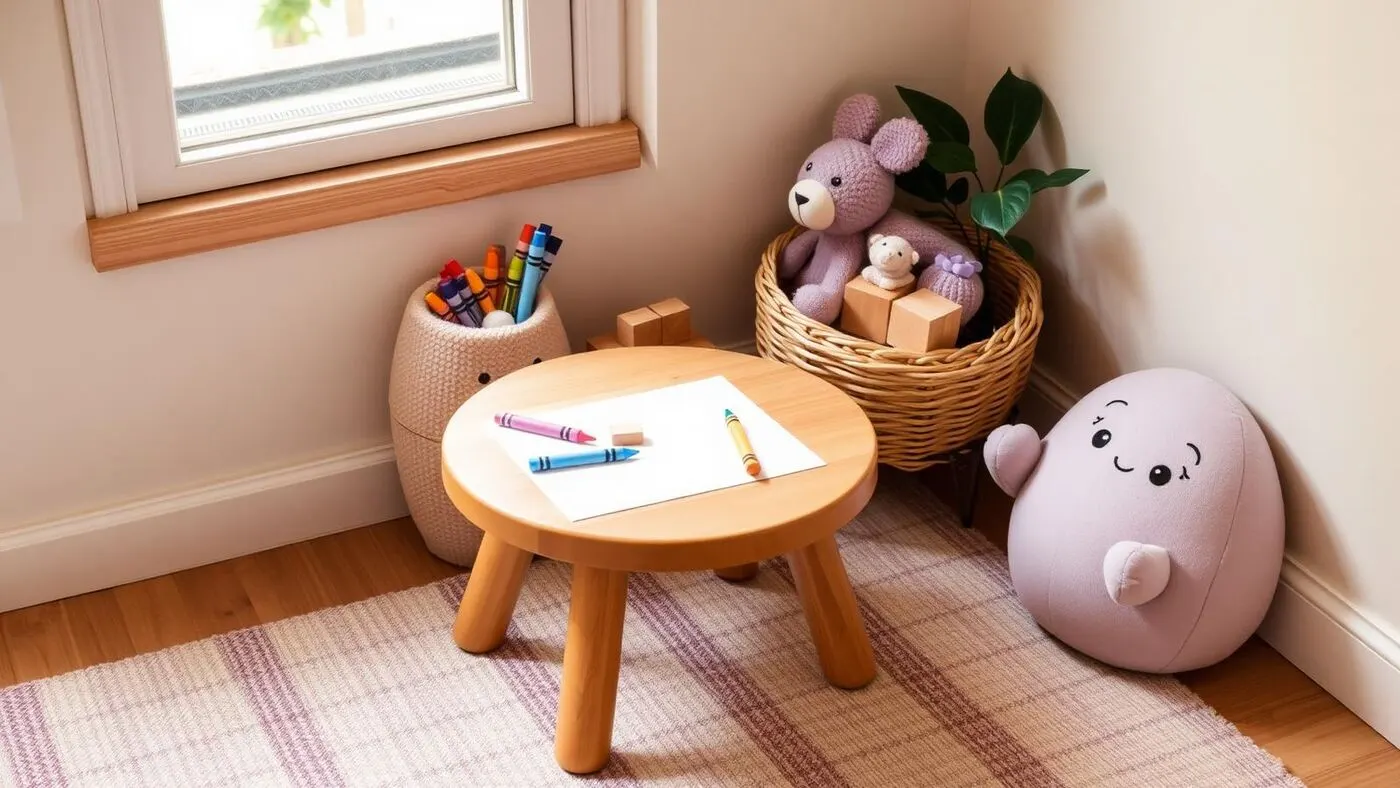 A cheerful children play corner with art supplies and toys