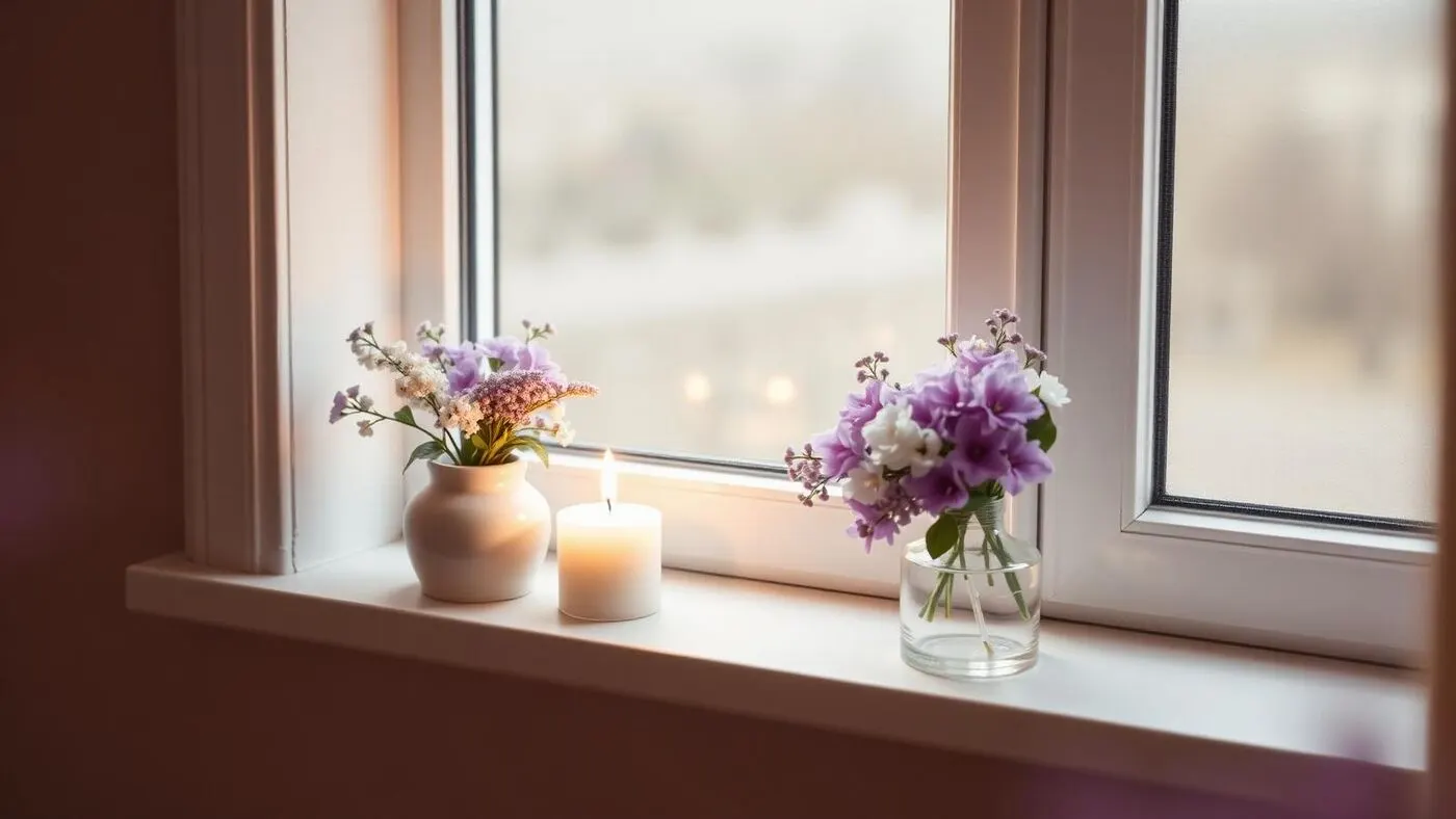 A single lit candle and lilacs on a windowsill