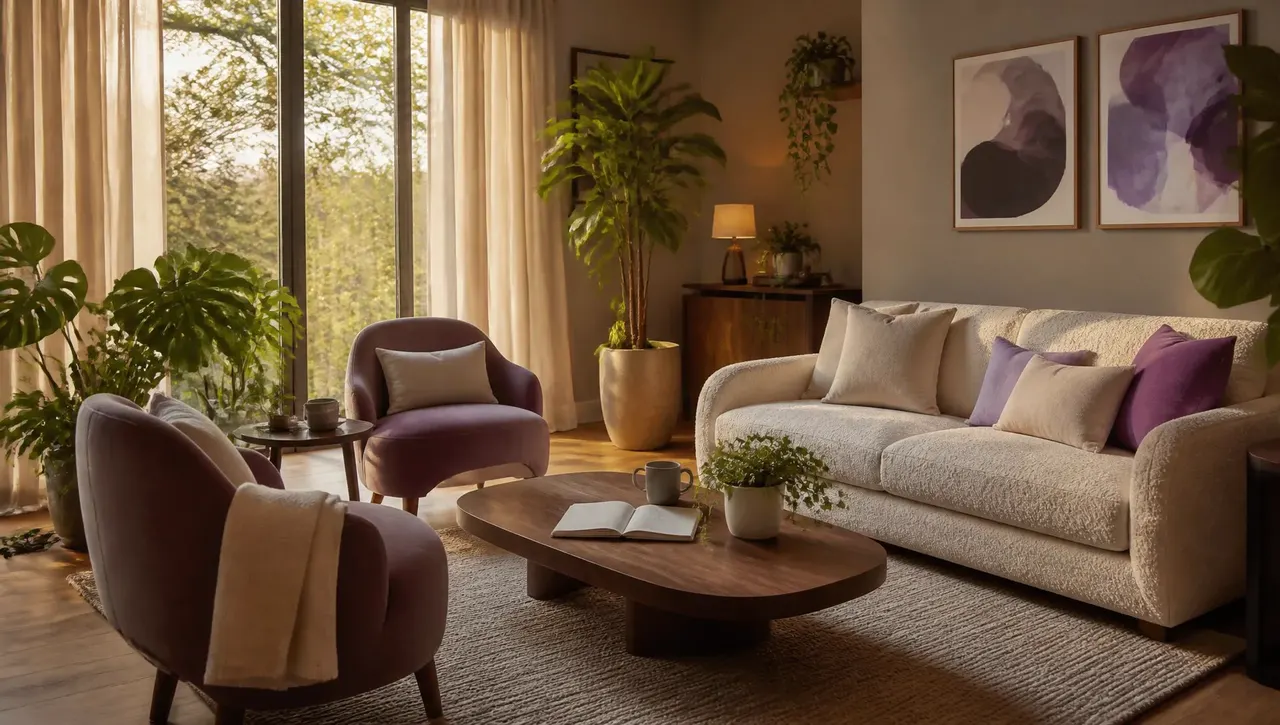 A warm modern counseling office with morning light streaming through large windows, soft seating, plants, and warm wood — an inviting space for therapy