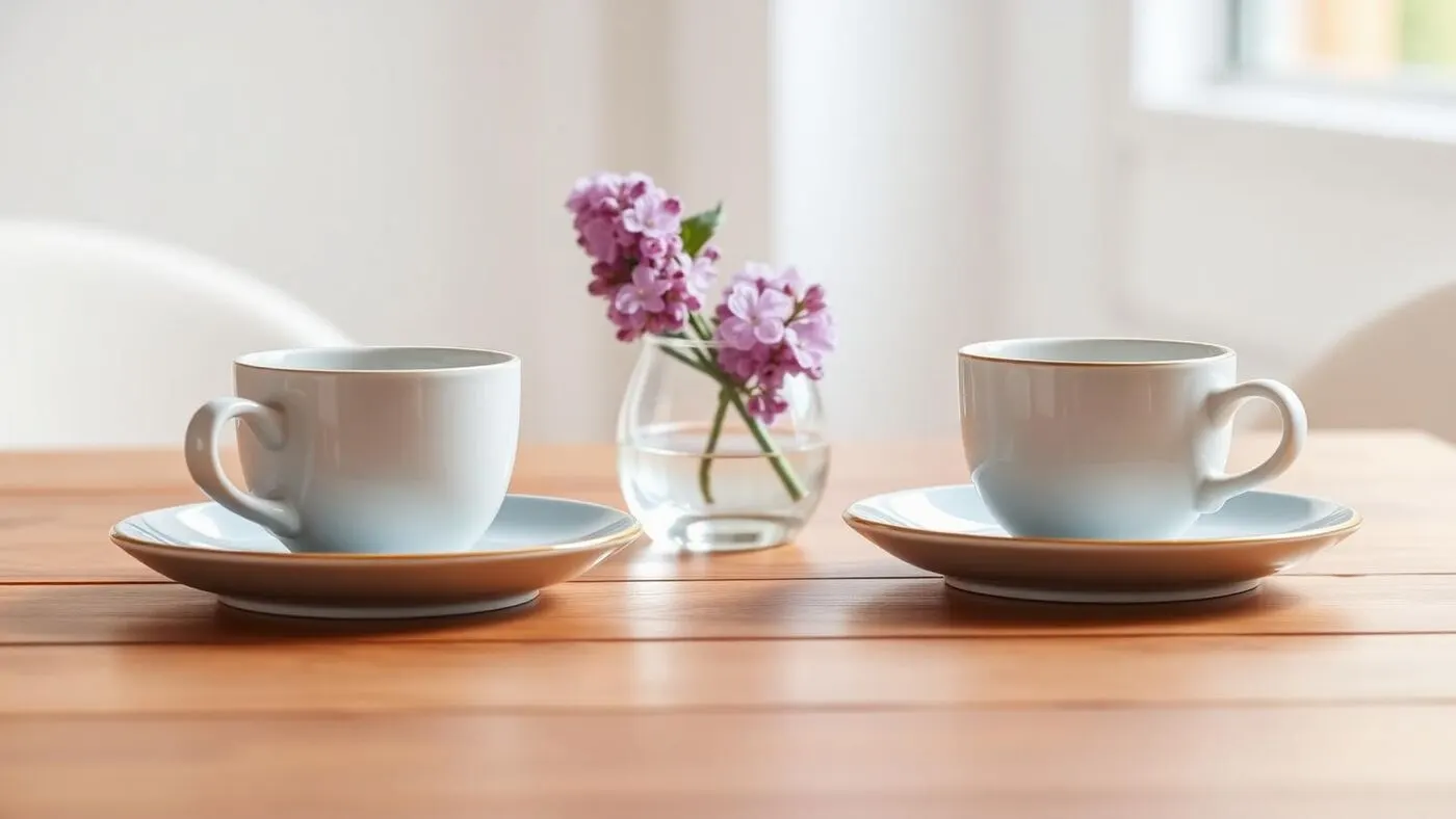 Two coffee cups on a warm wooden table
