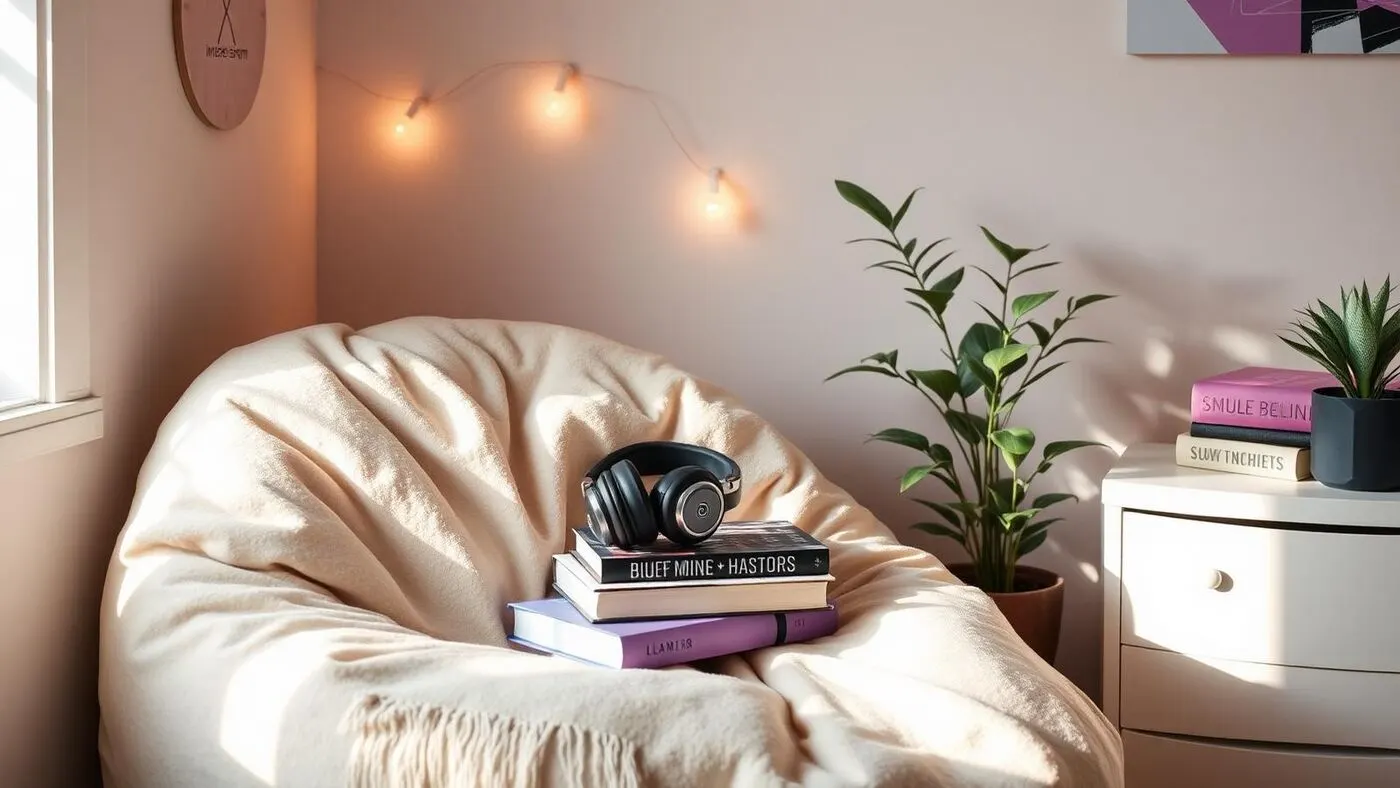 A bright beanbag corner with headphones and books