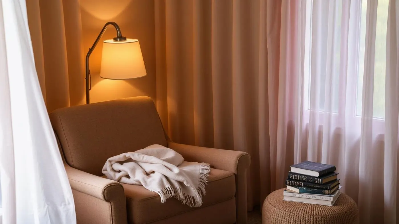 A sheltered reading nook with a soft blanket and lamp