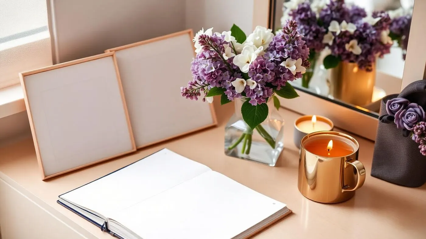A serene vanity with lilac flowers, journal and candle